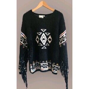 Cotton & Rye Outfitters Sweater Black Aztec Print Faux Leather Fringe Womens XL